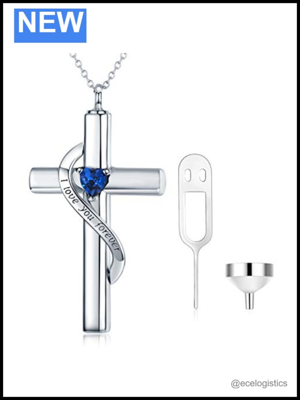 Sterling Silver Cross Necklace for Ashes, Birthstone Keepsake